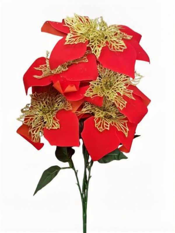 Photo of Large 5 Head Ponsettia Red/gold Centre Pk24
